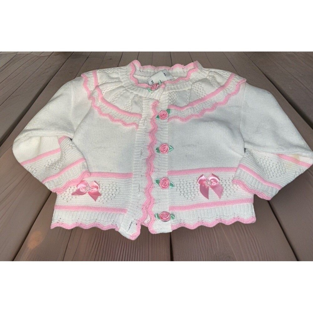 Justin Charles White Button Sweater Flower And Bows 100% Acrylic Girls Vintage